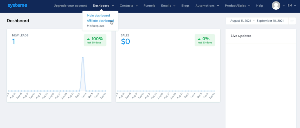 Systeme.io login screen dashboard